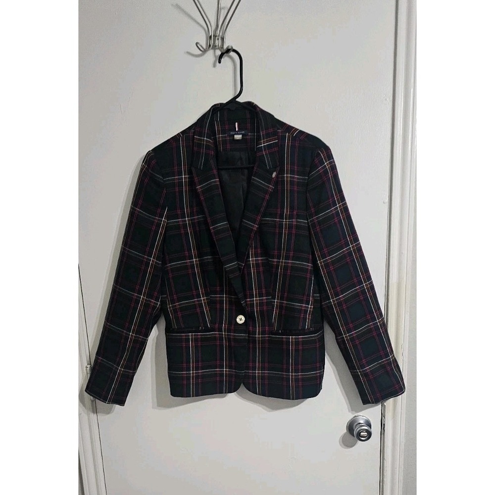Tommy Hilfiger Blazer Elbow Patch‎ Single Button Green Red Plaid Women's Size 16